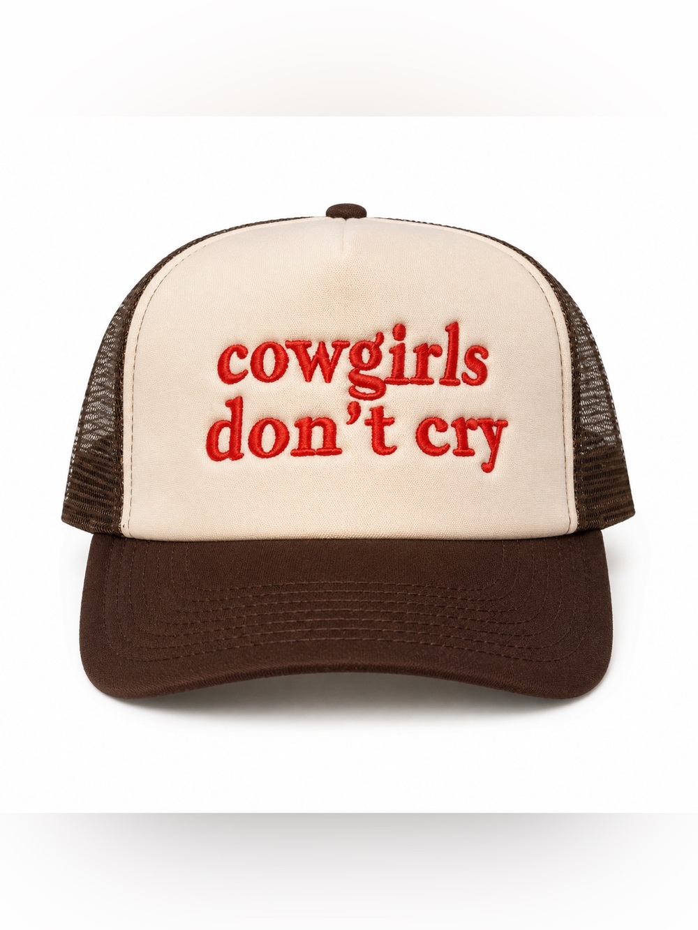 Cowgirls Don't Cry Embroidered Trucker Hat - Brown & Cream